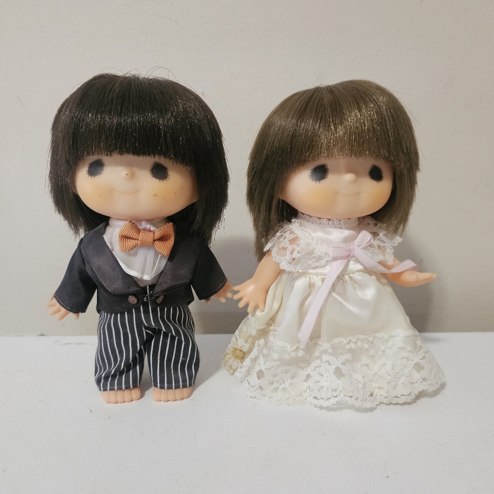 Vintage Bride and Groom Monchichi Sekiguchi Dressed Rubber Dolls With Shag Hair